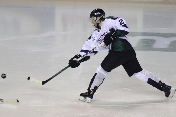 Photo by Ethan Magoc/The Merciad: Mercyhurst College's Samantha Watt fires a slapshot during the second period against Brown University on Friday, Jan. 14, 2011 at Tullio Arena.